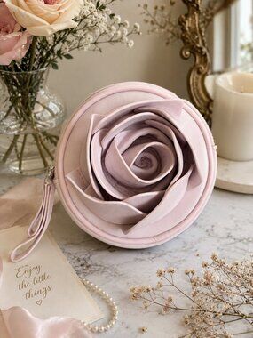 ZARA Blush Pink 3D Rose Round Zip Clutch Cosmetic Case Floral Pouch